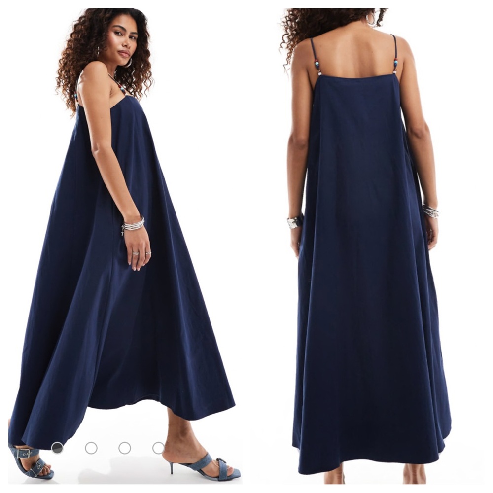 New with tags Ghospell Ula beaded strap cotton maxi dress in navy size XS